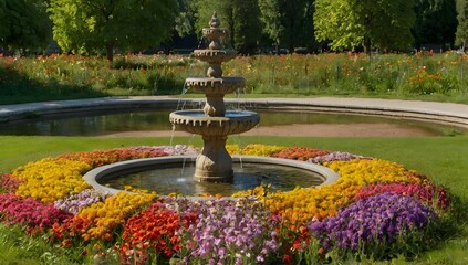 Obraz premium Park with a multitude of colorful flowers and a small fountain in the middle of the meadow