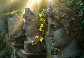 Ancient Greek statues in a lush garden