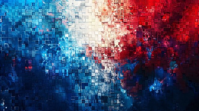 Pixel art of the France flag as a mosaic of blue, white, and red squares. Colorful dynamic cubes