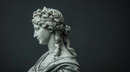 Elegant marble statue of a woman with flowing hair and floral crown