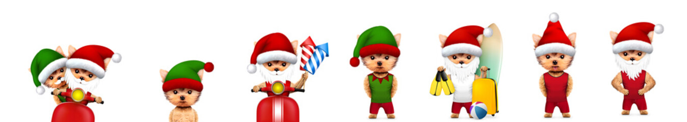 Funny Dog Santa wearing hat, beard and moustache with Elf. Christmas concept