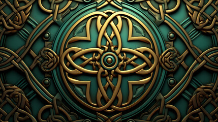Stunning Celtic knot texture in classic green and gold, with intricate details and highquality, realistic illustration.