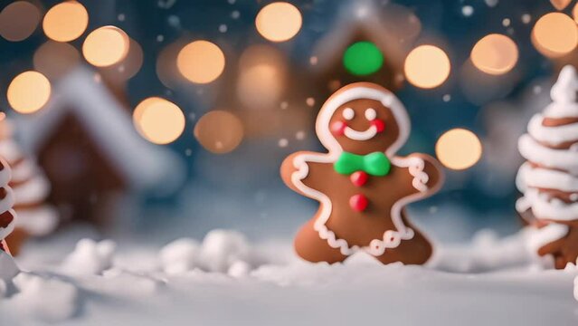 Gingerbread man cookie standing beside house with different colored candy and gumdrops, a chrismast snow scene