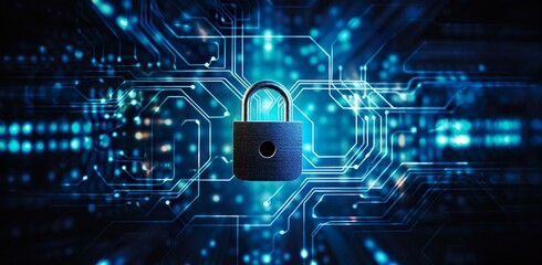 "Cyber Security Concept with Padlock on Digital Circuit Background"