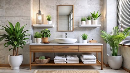 Modern bathroom vanity with sink, neatly folded towels, and potted plants, bathroom, vanity, sink, towels, plants, modern, clean, organized, interior design, home decor, hygiene, interior