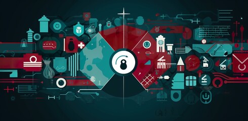 cybersecurity icon illustration, with different icons around it