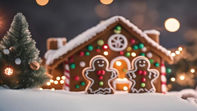 Gingerbread man cookie standing beside house with different colored candy and gumdrops, a chrismast snow scene