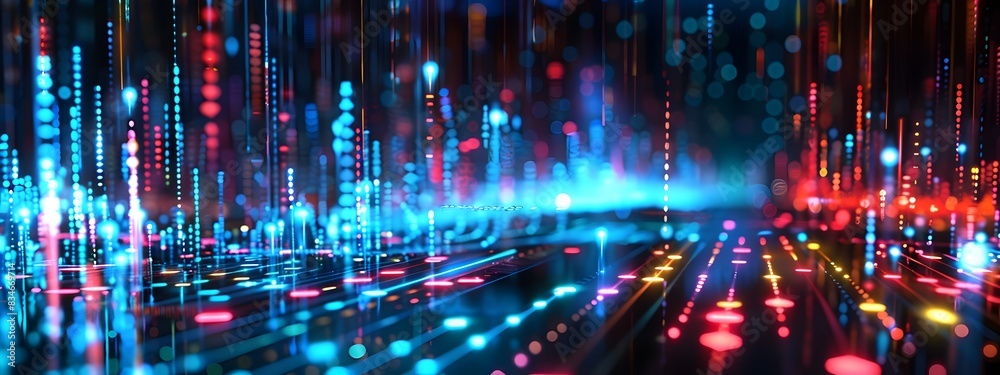 Poster frequency multiplexing surreal digital landscape of multicolored lights and data flows