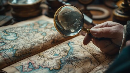 A person using a magnifying glass to examine a detailed map in an atlas, focusing on a specific area or geographical feature, highlighting the precision and detail captured