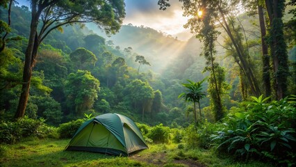 Lonely tourist tent surrounded by lush jungle forest, tent, jungle, forest, backpacking, camping, wilderness, nature, solitude, adventure, hiking, exploration, travel, outdoor, greenery