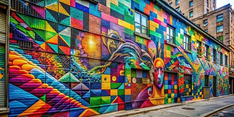 Graffiti on urban wall created with generative technology , street art, graffiti, urban, wall, abstract, futuristic, digital, technology, artificial intelligence, creativity, colorful