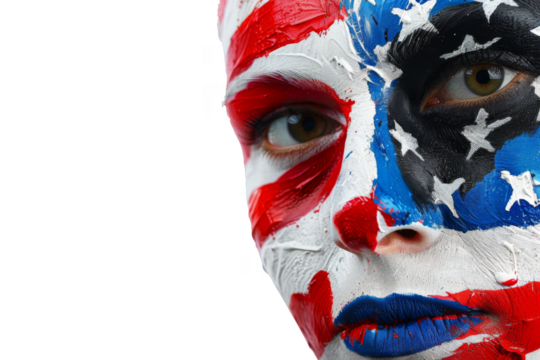A woman's face is painted with the American flag