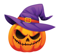 Scary halloween pumpkin with witch hat. Vector cartoon character illustration