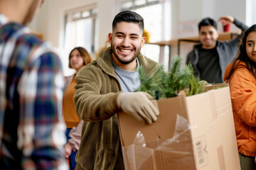 A cheerful young man participating in a community service activity, holding a cardboard box with other volunteers in the background.