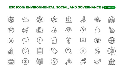 ESG icon set,Environmental, Social, and Governance line icon. ESG outline icons with editable stroke collection. Includes Sustainability, Solar Panel, Recycling, Green City, vector illuatration.