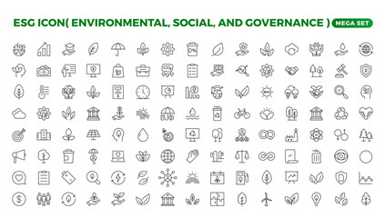 ESG icon set,Environmental, Social, and Governance line icon. ESG outline icons with editable stroke collection. Includes Sustainability, Solar Panel, Recycling, Green City, vector illuatration.