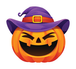 Smiling halloween pumpkin with witch hat. Vector cartoon character illustration