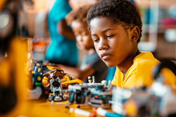 A young boy deeply focused on building a robotic device, surrounded by various mechanical parts and tools in a workshop.