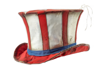 A red, white and blue hat with a blue ribbon