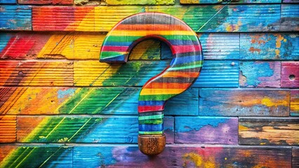 Colorful wooden question mark with rainbow handle painted on graffiti background , playful, creative, colorful, wall art, graffiti, wooden, rainbow, vibrant, question mark, curiosity