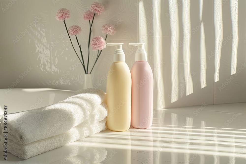 Poster two bottles of shampoo and conditioner sit on a white bathroom countertop, with a rolled-up towel an