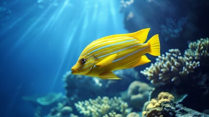 Obraz premium A yellow-and-white fish swims in a blue ocean, surrounded by corals Sunlight filters through the water from above