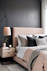 Bedroom with Delicate Peach Fuzz Interior Color Trend 2024, Modern Luxury Apricot Room, Salmon Fabric and Beige Plaster. Home or Hotel Design. 3D Render