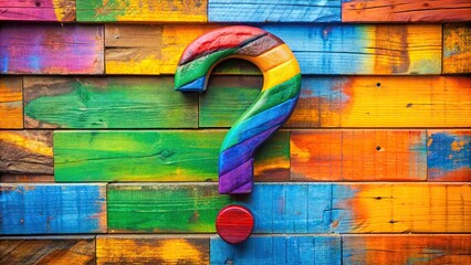 Colorful wooden question mark with rainbow handle painted on graffiti background , playful,...