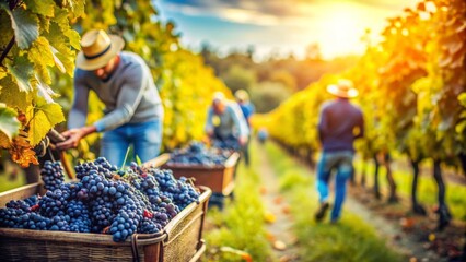 Fototapeta premium Vineyard workers harvesting grapes for wine production during the autumn harvest season