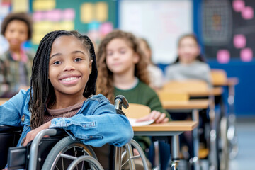 Obraz premium A smiling young girl in a wheelchair attending a classroom session with her diverse classmates, embodying inclusivity and joy in learning.