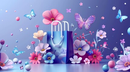  A blue background features a blue bag adorned with pink flowers and butterflies Another blue background holds a purple bag, similarly decorated with pink flowers and butterflies