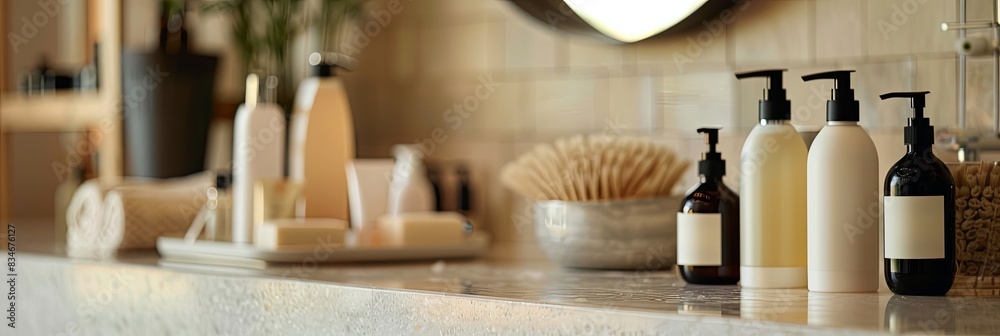 Poster four sleek bottles of shampoo and conditioner sit on a bathroom counter. generative ai