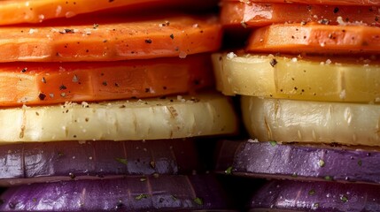 Fototapeta premium A close-up of a heap of carrots and beets, topped with seasoning on the carrot peaks