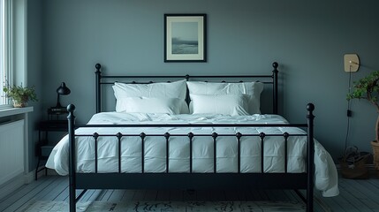 Minimalist black metal bed frame with white bedding in a contemporary bedroom, modern home decor