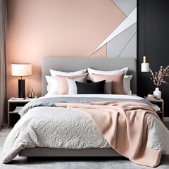 Bedroom with Delicate Peach Fuzz Interior Color Trend 2024, Modern Luxury Apricot Room, Salmon Fabric and Beige Plaster. Home or Hotel Design. 3D Render