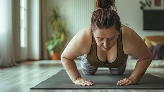 A chubby woman is doing push ups on a yoga mat in her living room