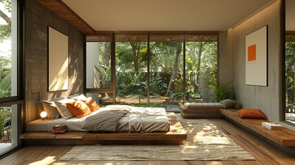 Modern bedroom with large French windows featuring minimalist furniture such as a sleek bed and nightstands that embody a contemporary design aesthetic
