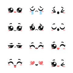 set of happy cartoon expressions, cute kawaii expressions smile, vector set of beautiful cartoon eyes