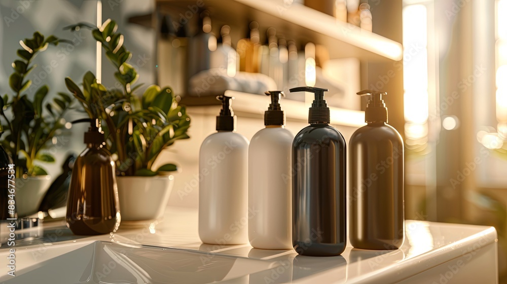 Poster four sleek bottles of shampoo and conditioner sit on a bathroom counter, bathed in soft, natural lig