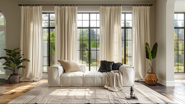 Minimalist black metal curtain rods with white curtains in a modern living room, modern home decor