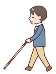 白杖をついて歩く視覚障がい者の男性