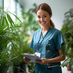 Smiling Nurse Writing on Clipboard in Bright Office with Plants