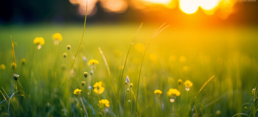Abstract soft focus sunset field landscape of yellow flowers and grass meadow warm golden hour sunset sunrise time. Tranquil spring summer nature closeup and blurred forest background. Idyllic nature