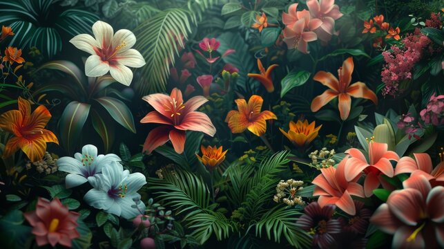 Exquisite 3D depiction of botanical illustrations, showcasing a variety of plants and flowers meticulously crafted with lifelike detail and vibrant colors, framed in an immersive 16:9 aspect ratio.