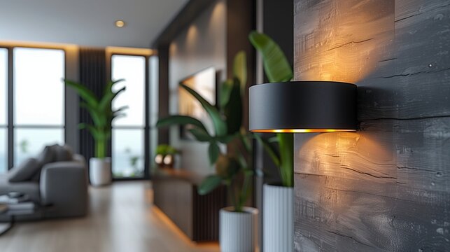 Minimalist black metal wall sconce with clean lines in a contemporary hallway, modern home decor