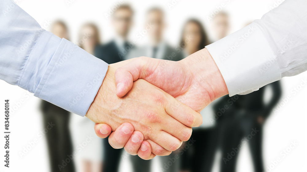 Poster two people shaking hands in front of a group, with a focus on teamwork and partnership, white and bl