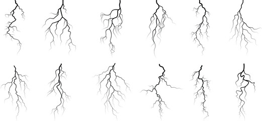 Vector lightning silhouettes set. Thunderstorm design. Vector illustration	