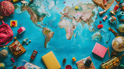 Fototapeta premium A funny trip journey around the world, top view of a vibrant life with cute objects and copy space for creative destination ideas.Travel around the world for a vibrant, colorful life, enjoying funny .