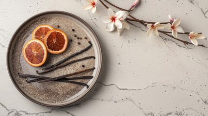 oranges on a plate, chocolate sticks nearby, a cherry tree branch centerstage, and flowers in the backdrop