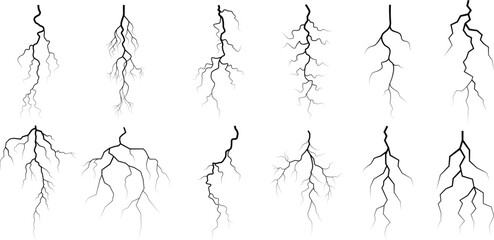 Vector lightning silhouettes set. Thunderstorm design. Vector illustration	